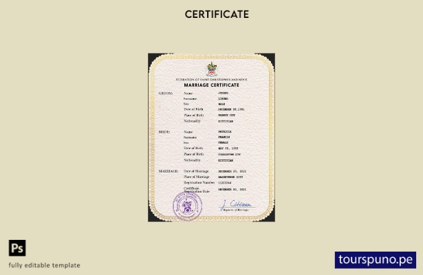 listo para imprimir plantilla PSD de certificado de matrimonio de Saint Kitts y 